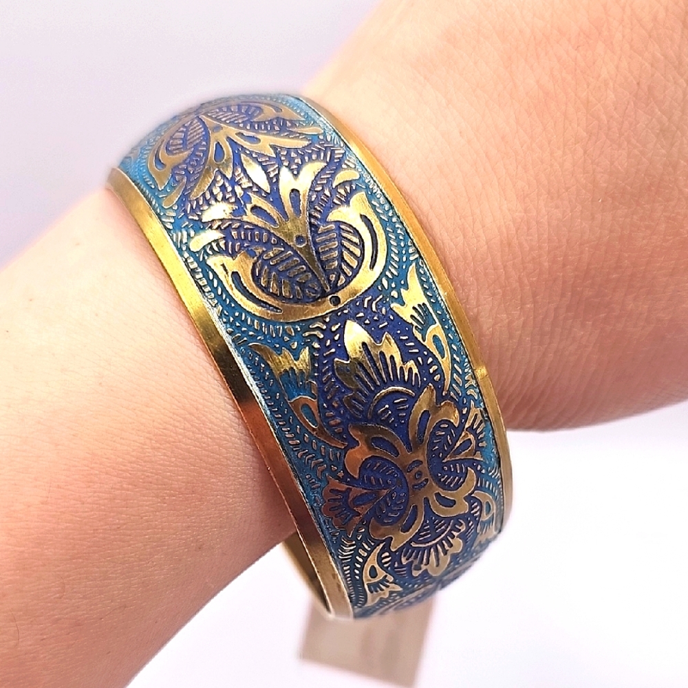 Ethnic Blue and Goldtone Enamel Bangle Bracelet